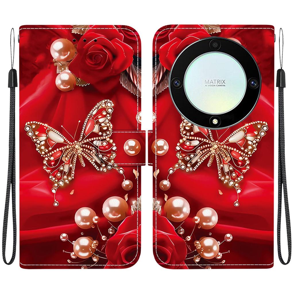 Handmade PU Leather Flip Case for Honor X9a Anti-Slip Shockproof Cover with Wrist Strap & Heart/Rose Cat Designs