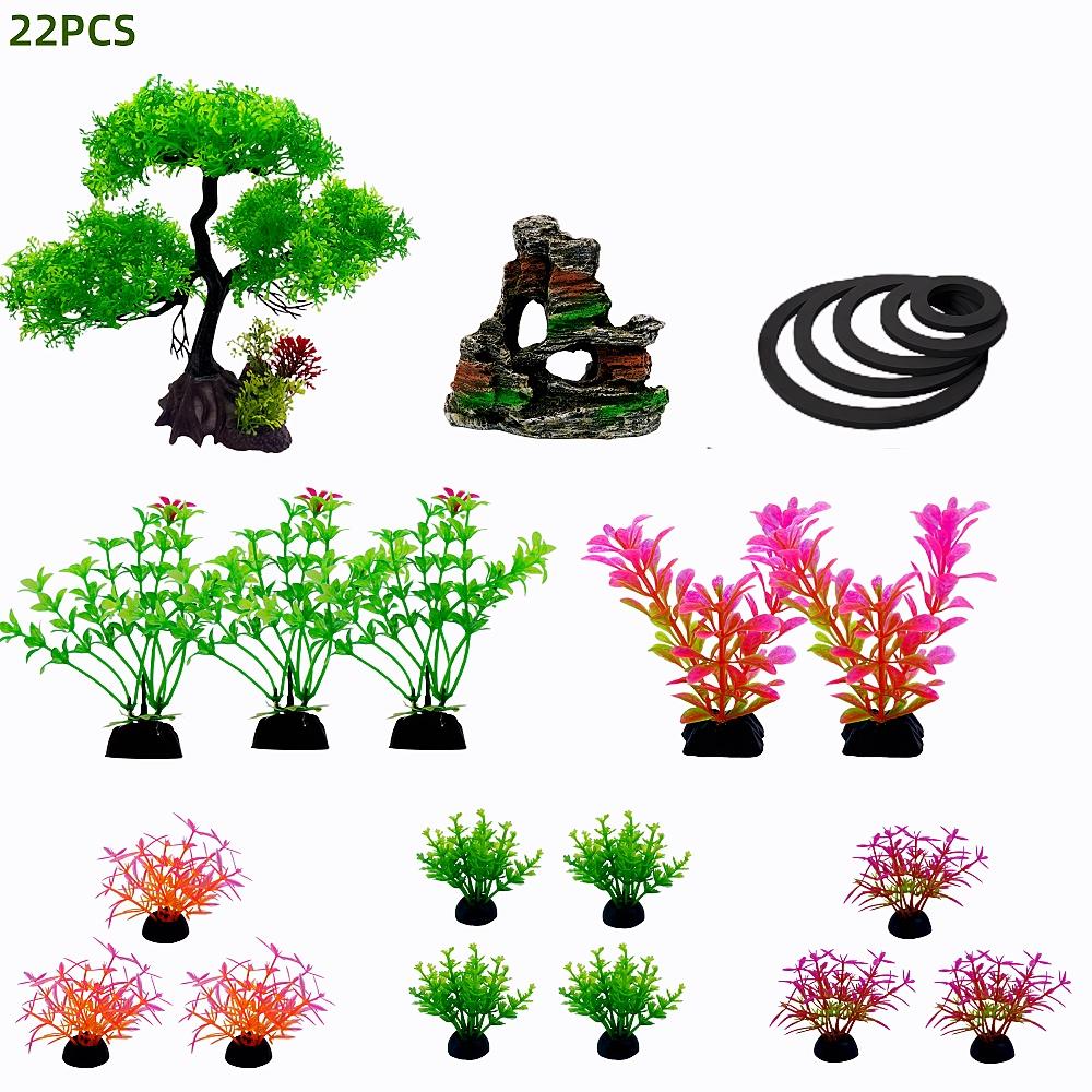 22PC set Aquarium Plants Ornaments Plastic Simulation Fish Tank Decoration Accessories-Simulation tree - rockery - grass fence