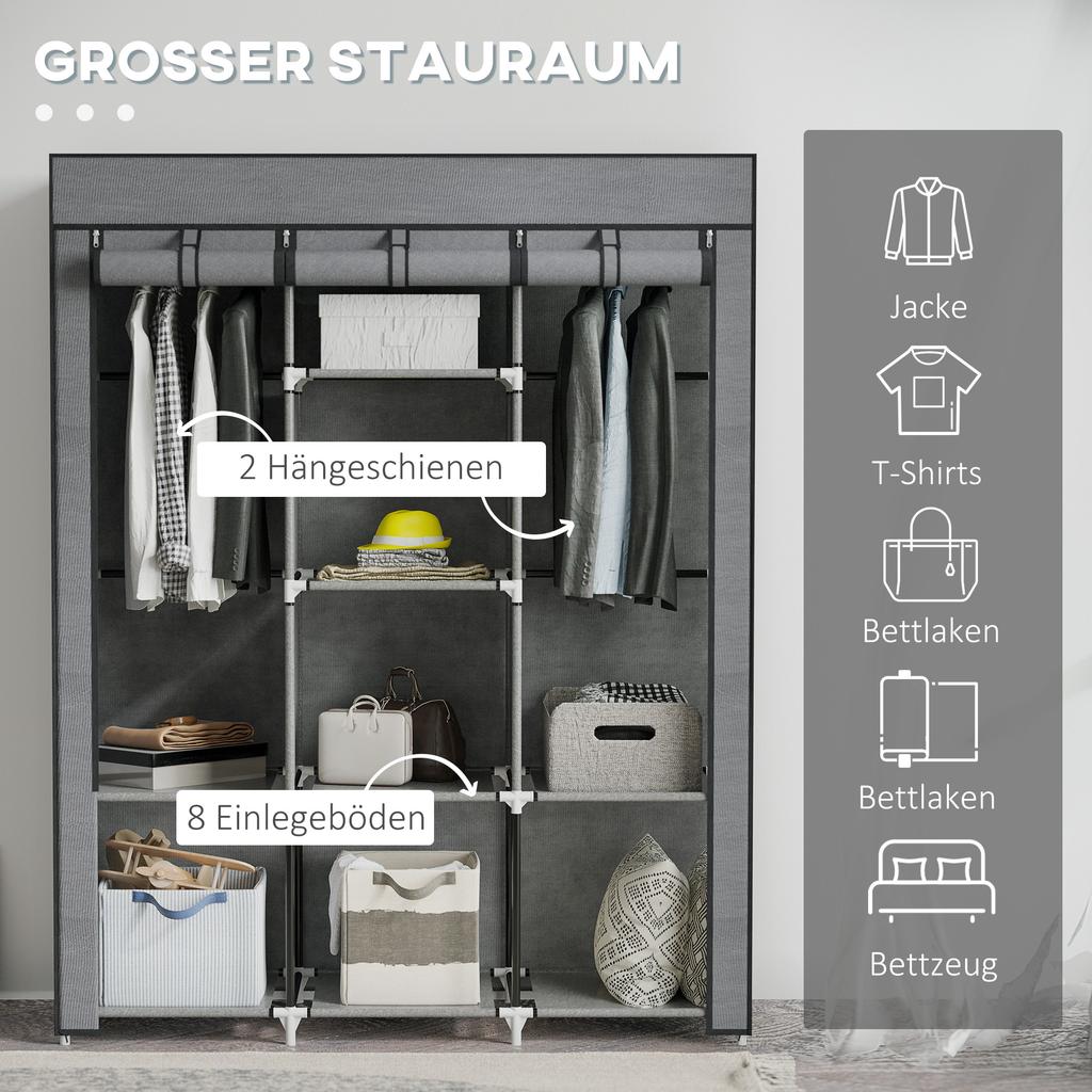 Fabric Wardrobe, with Rails and Shelves - Dark Grey