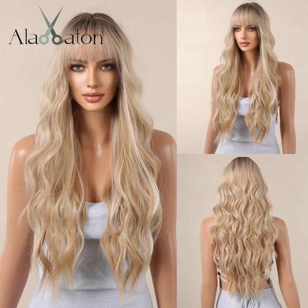 ALAN EATON Ombre Blonde Curly Wigs with Bangs Long Wave Synthetic Full Wig Cute Party Cosplay Wig High Temperature Fake Hair