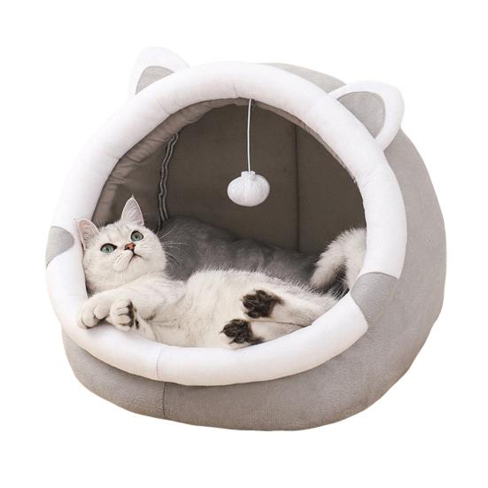 

Милая пещера-кровать для кошки, забавное кошачье гнездо с подвесным шариком, уютная успокаивающая кровать для кошки с ушками, моющаяся съемная подушка для домашних кошек, котят и маленьких питомцев S темно-серого