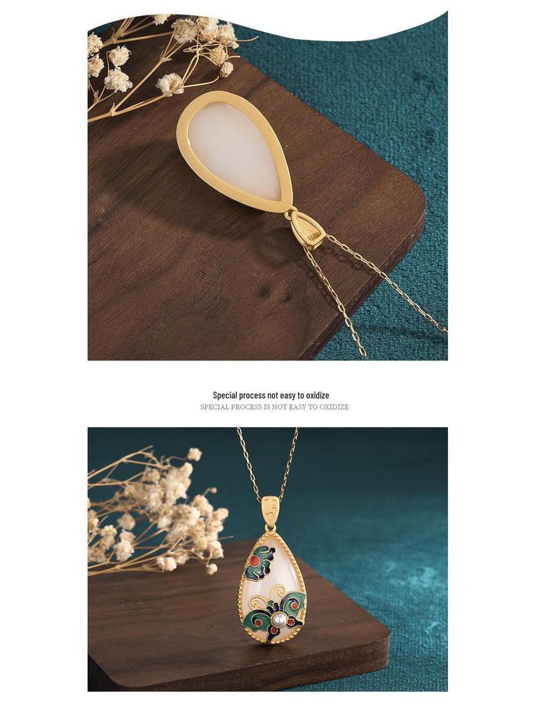 Cloisonné Enamel Necklace with 24K Gold-Plated Copper and Imitation Hetian Jade Pendant: Chinese Style Qipao Hanfu Accessory
