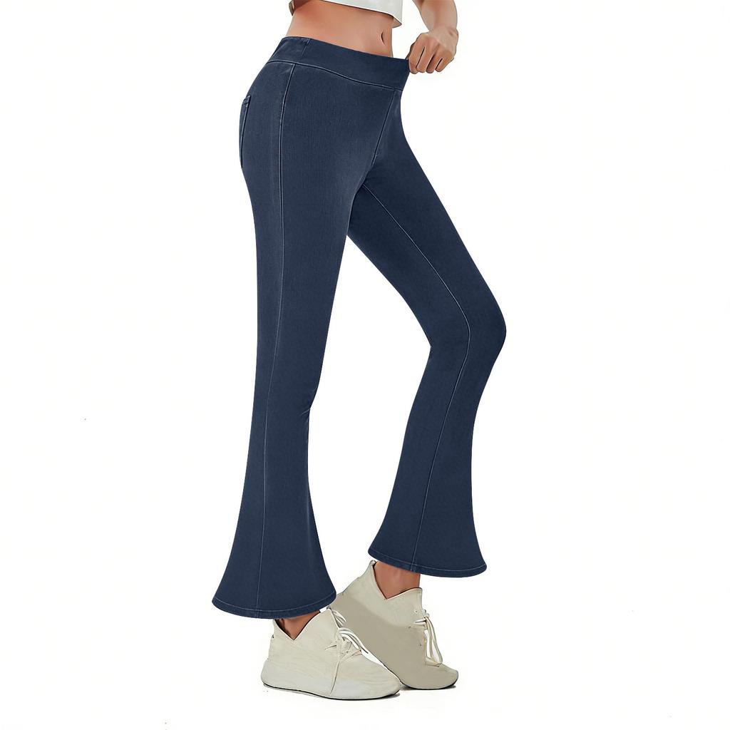Women's Fashionable  Color Elastic Waist High Waist Pocket Casual Sports Bell Bottom Pants