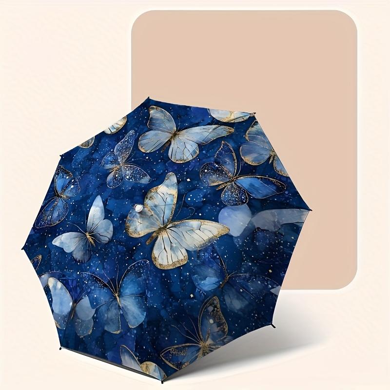 1pc Blue Butterfly Auto Folding Umbrella - Vibrant Motif & Compact Design for Women, On-the-Go Essential - Gift-Worthy Style