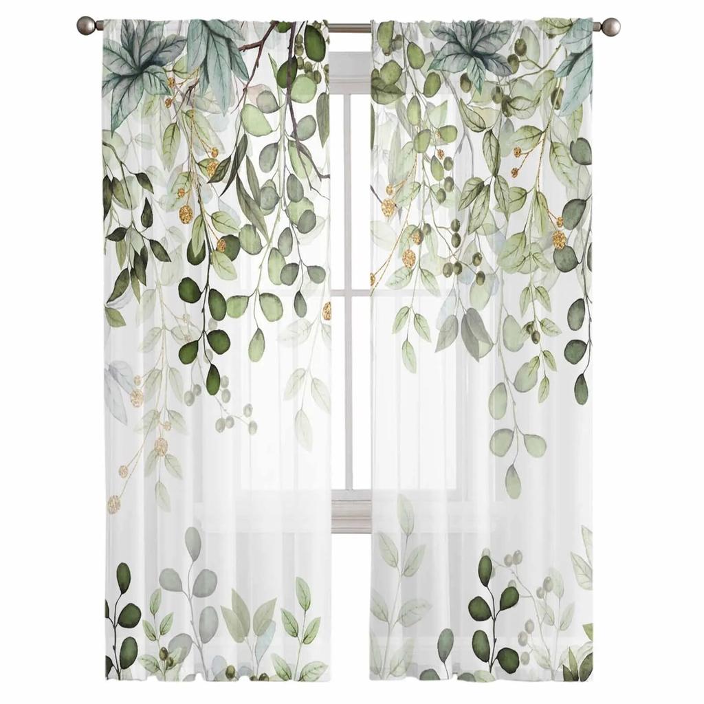 Abstrakte salbeigrüne Blätter, Zweige, transparente Vorhänge für Wohnzimmer, Küche, Fenstervorhänge, Schlafzimmer, Tüll-Voile-Vorhänge