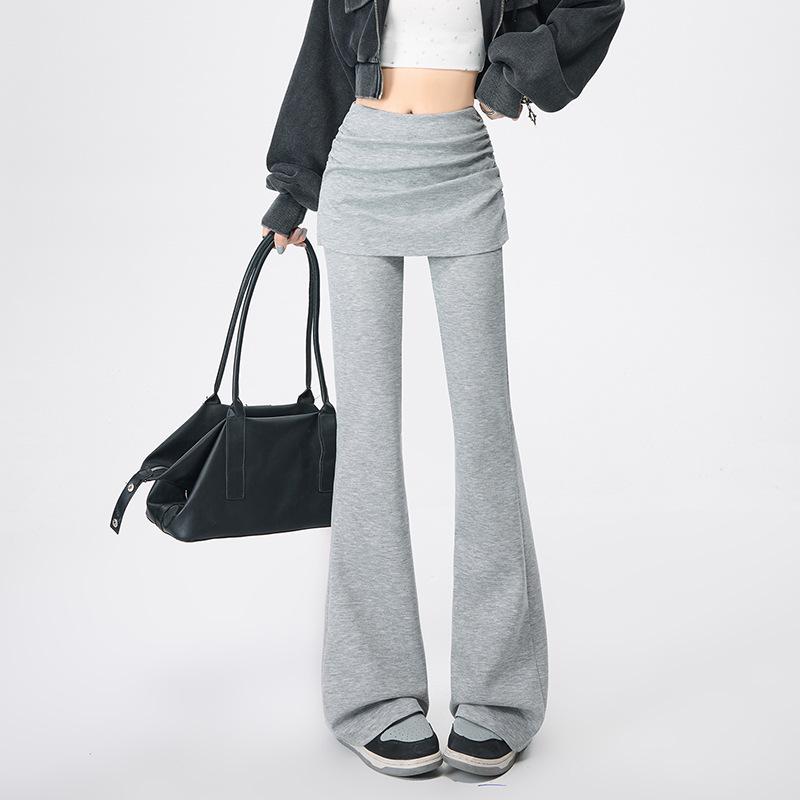 Korean-Style Drawstring Faux Two-Piece Flare Pants: Women s High-Waisted Slimming Drape Spring 2026 Casual Long Pants XL светло-серый
