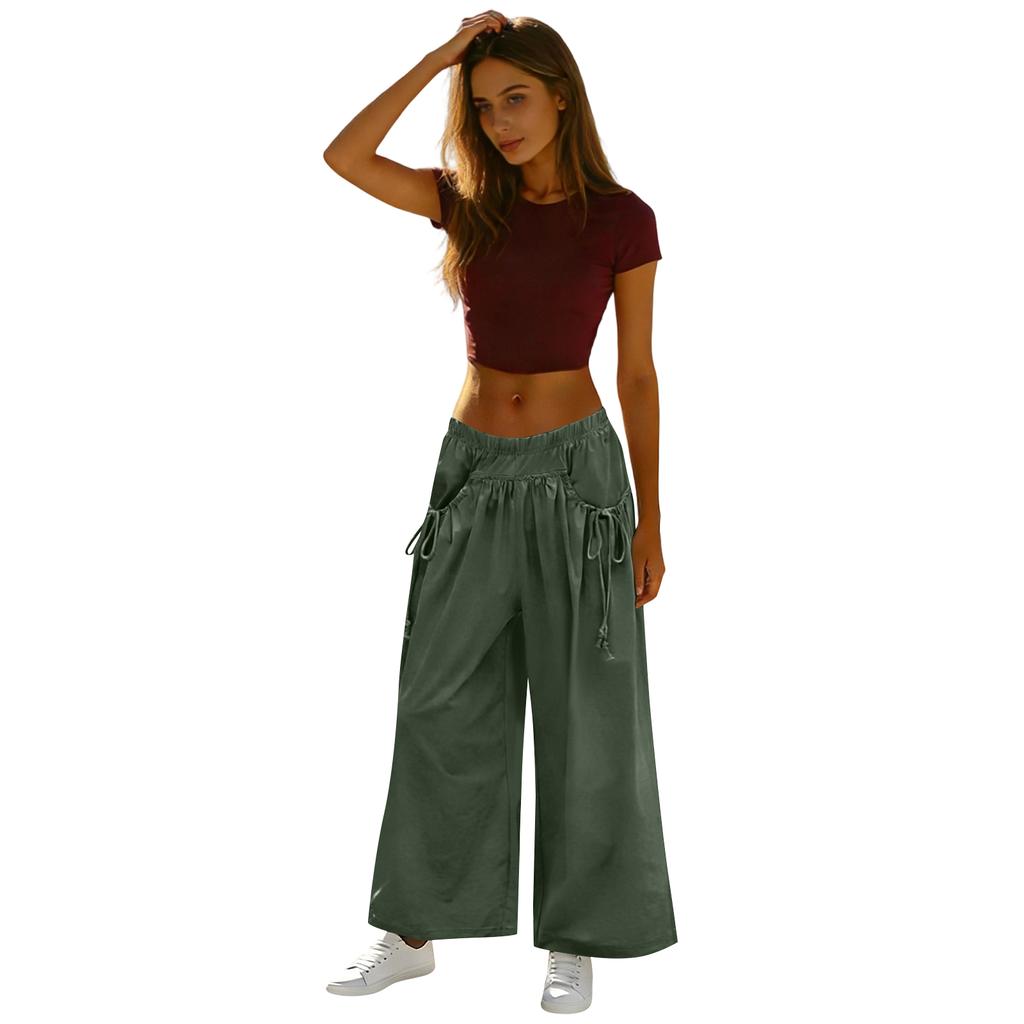 Women's Loose Wide-leg Sweatpants, With Drawstring Pockets, Elastic Waistband, Three-quarter Length, Hiking Pants