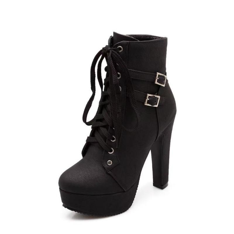 Wind Cross Strap Martin Boots Short Boots High Heel Women's Shoes Waterproof Table Belt Buckle Low Boots Women's Boots