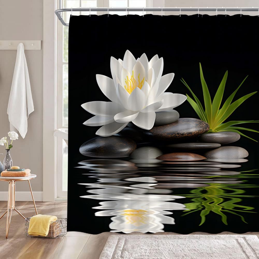 Zen Garden Shower Curtain Spa Green Bamboo Black Stone Purple Floral Leaf Water Nature Japanese Asian Bathroom Home Curtain