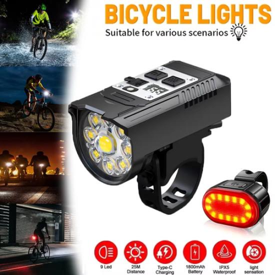 9 LED Bicycle Headlight Tail Light USB Rechargeable Bike Scooter Flashlight Set