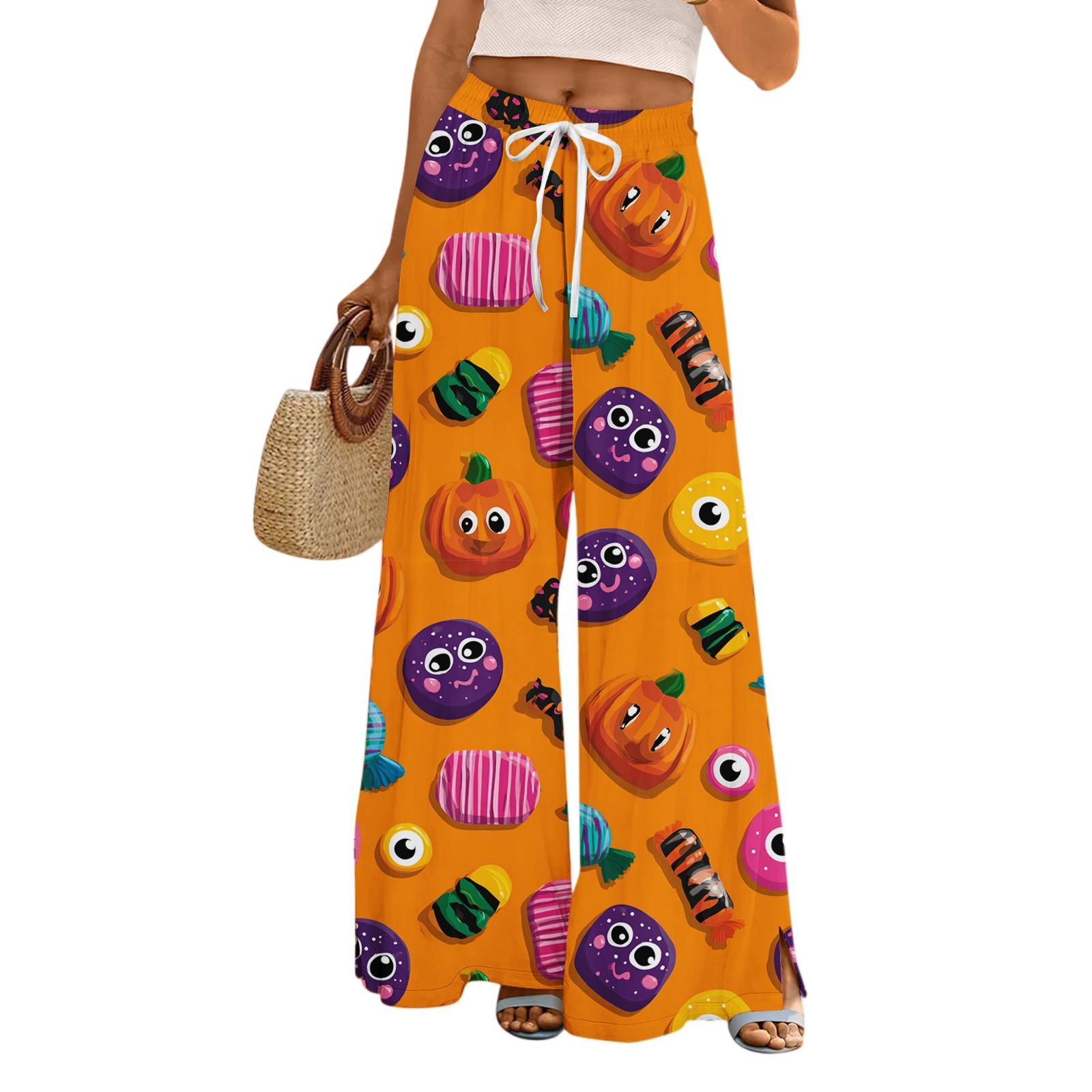 

Женские свободные и повседневные брюки с широкими штанинами с принтом на Хэллоуин, эластичным поясом, кулиской и карманом M