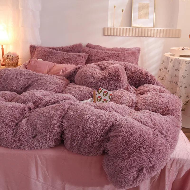 Luxury Winter Warm Long Plush Pink Bedding Set Queen Mink Velvet Double Duvet Cover Set with Fitted Sheet Warmth Quilt Covers