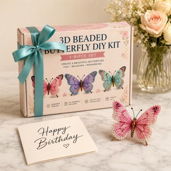 3D Beaded Butterfly Craft Kit, Tiny Beaded Animal DIY Handmade Art Set with Instruction, Cute 4-Pack Butterflies Beadwork Kit
