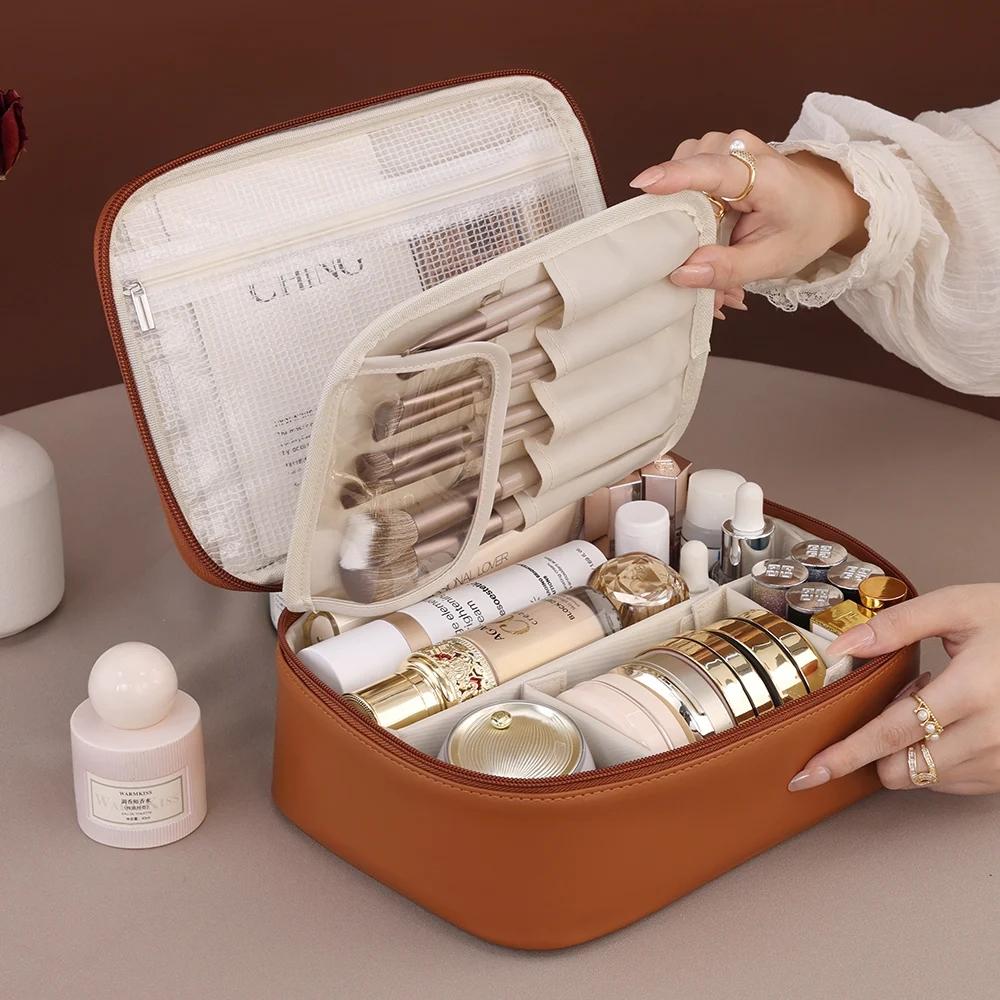 Women PU Leather Double Layer Travel Makeup Wash Clear Cosmetic Bag With Zipper Multi-Compartment Waterproof Toiletry Organizer