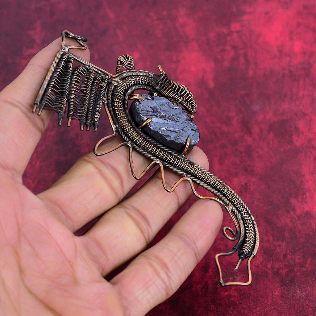 Shungite Rough Pendant Copper Wire Wrapped Handmade Pendant Gemstone Pendant Copper Jewelry Dragon Pendant Gifts for Her Birthstone Jewelry