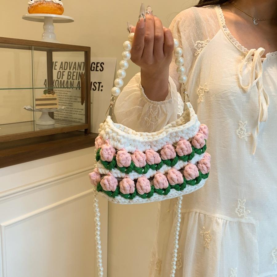 Tulip handmade DIY woven bag, cloth strip material bag, homemade pearl portable messenger bag, gift for girlfriend