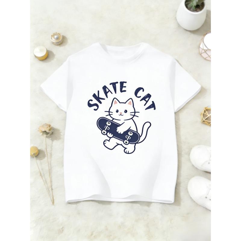 European sizes Kids  Short-Sleeve Cartoon Cat Riding a Skateboard Graphic Top, Casual Crew Neck Children s Clothing, Breathable Comfortable Versatile 110 белый