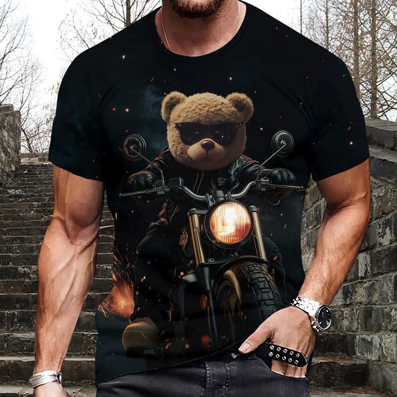 2025 European and American Summer New Men's T-shirt Geometric 3D Printing Casual Short Sleeve Bear Printing