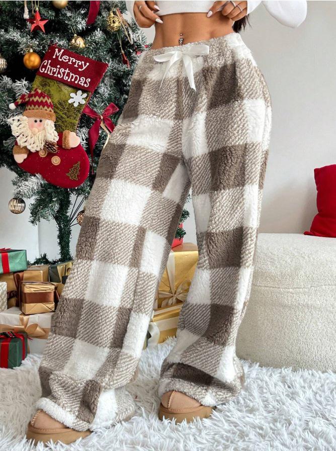 European & American Style Casual Plaid Pants - Velvet Lined for Winter Warmth