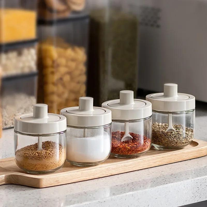Outils d'assaisonnement, Combinaison de pots à épices, Couvercle cuillère intégré, Verre, Fournitures de cuisine, Salière, Bouteille à huile, Pot à assaisonnement