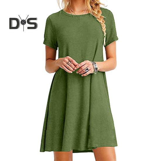 Letní mini šaty s krátkým rukávem, áčkového střihu, s kulatým výstřihem, jednobarevné, délka nad koleno, jednoduchý styl, krátké šaty na rande, plážovou párty