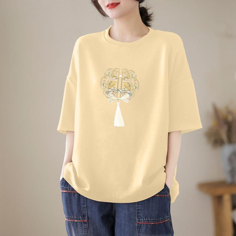 Women's Chinese Knot Embroidery Drop Shoulder T-Shirt