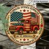 2D Flat - 1Pc Round Aluminum Hanging Sign, Vintage Decorative Plaque about American Flag Trucks, "American Patriotism" Decorative Sign, Suitable for