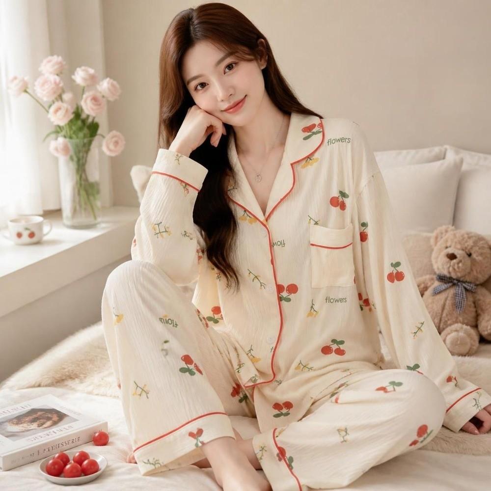 Bow Long Pajama Set Bear Lady Nightwear Suit Comfortable Women's Loungewear  Female