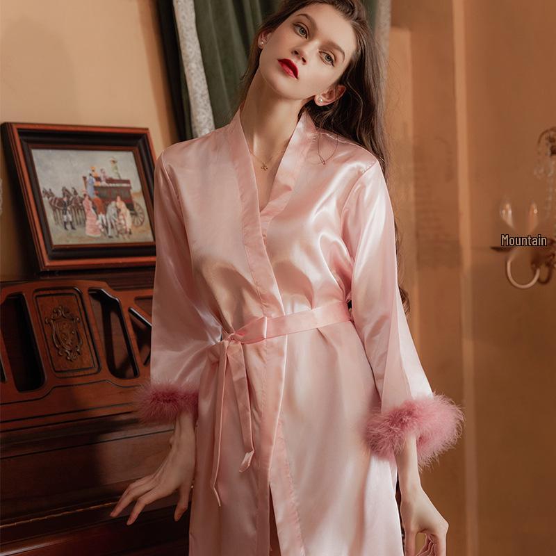 Bridal Feathered Satin Kimono Robe for Bridesmaids and Morning Prep