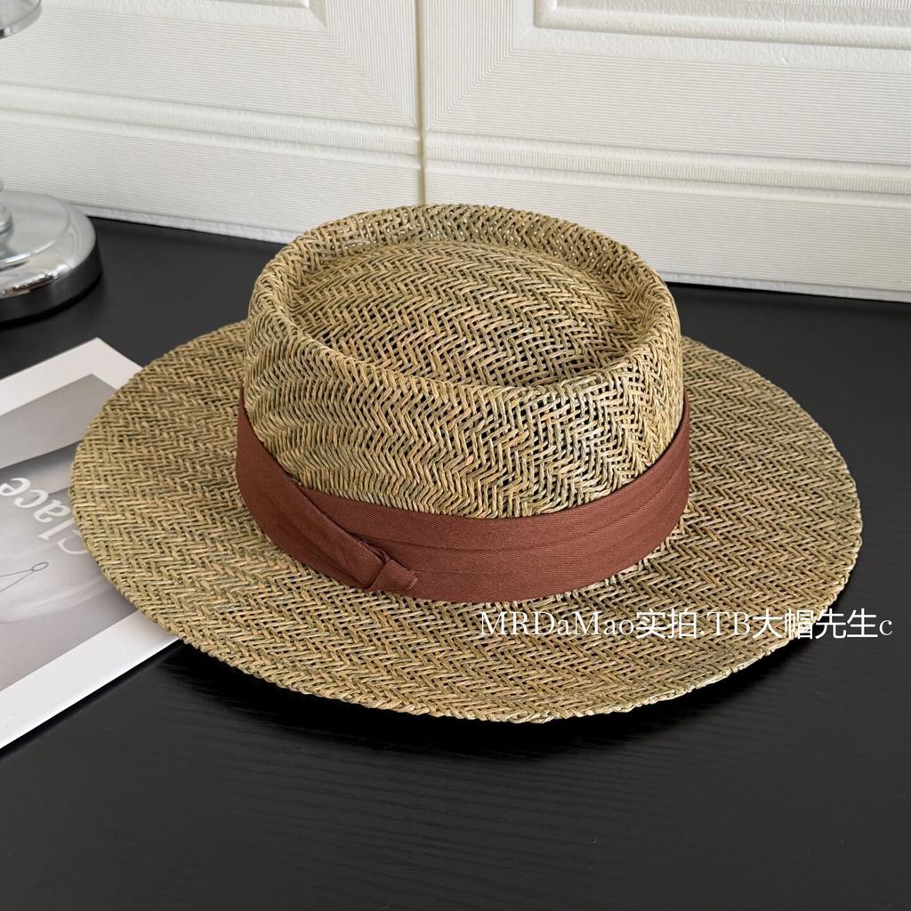 Seaside vacation style flat top straw hat women's summer French elegant beach hat sunshade sun protection hat straw top hat