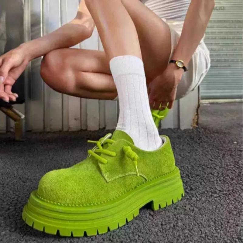 Fashion Women's Autumn Round Head Bull Suede Lace-Up Front Platform Heightened Low Top Casual Square Heel Shoes