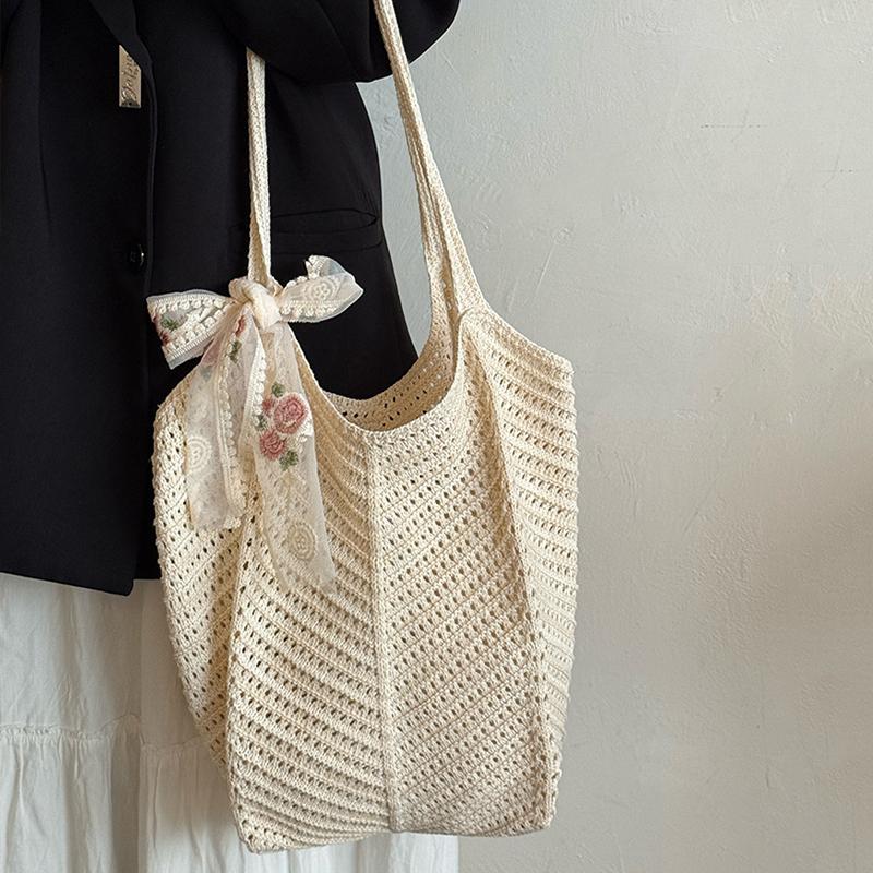 

Yogodlns Однотонная вязаная крючком сумка-тоут, летняя пляжная декоративная сумка-шарф, модные женские сетчатые тканые сумки через плечо, большая вместимость, вязаная сумка через подмышку 38x2x29cm бежевый