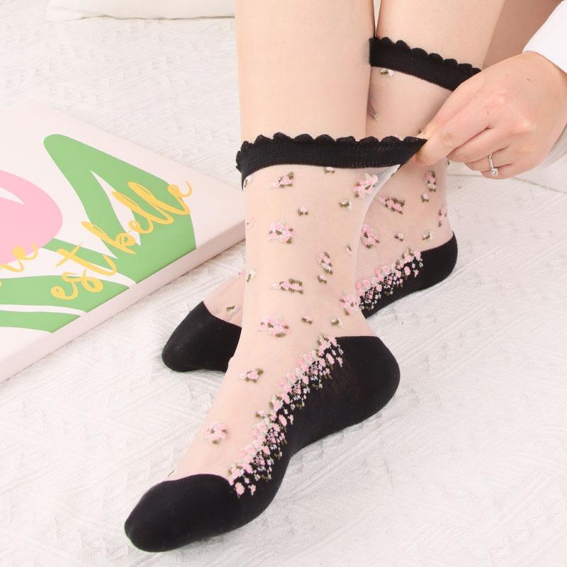 2 Paar Damen-Sommersocken mit Blumenmuster, dünn, transparent, elastisch, atmungsaktiv