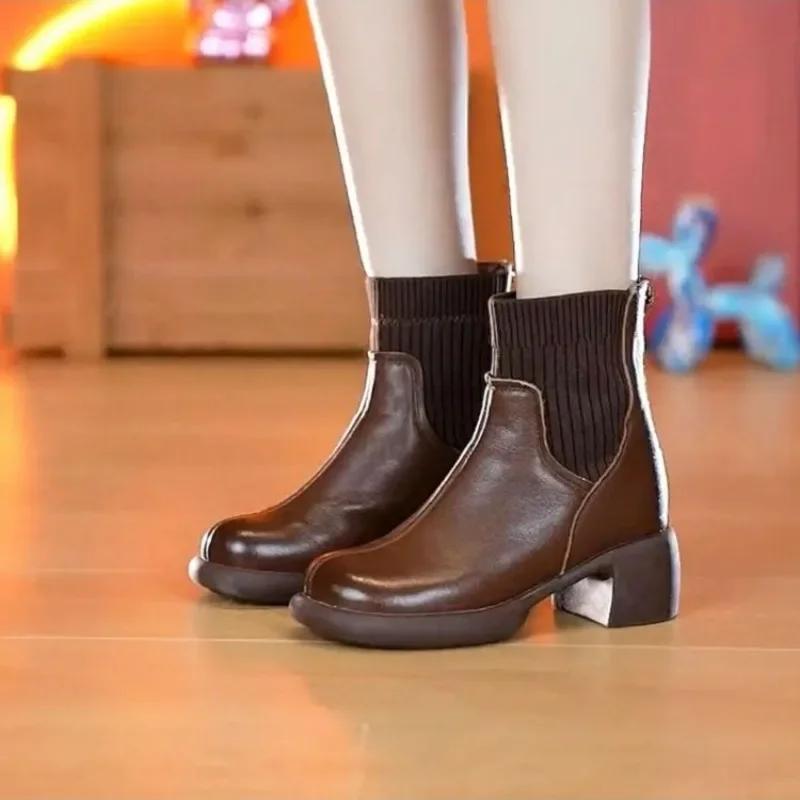 Fashion 2024 Ladies Shoes Warm Modern Women's Boots Classics Ankle Boots Women Knitted Round Toe Med Heel Back Zip Sewing Shoes Women