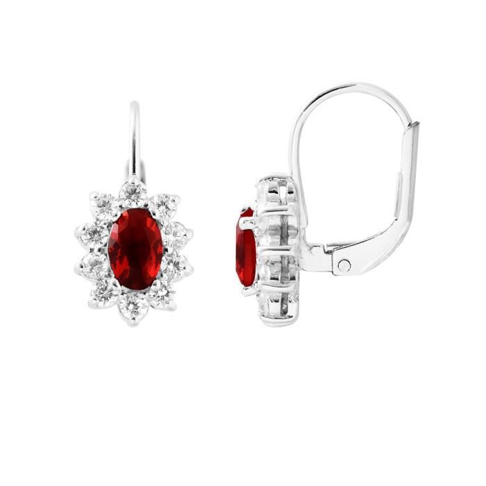 LOVA LOLA VAN DER KEEN - Boucles d'Oreilles Emeraude - Système Poussettes - Rubis de Synthèse - Argent Massif 925 Millièmes - Bijou