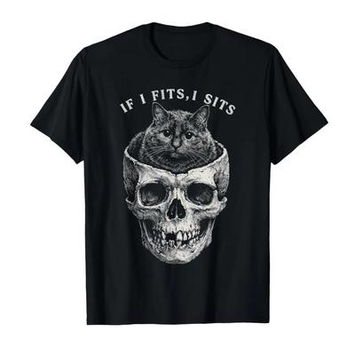 If It Fits I Sit Black Cat Skull Funny Minimal Meme Tshirt For Men Women 100 Cotton T Shirts Short Sleeve Tops 04171
