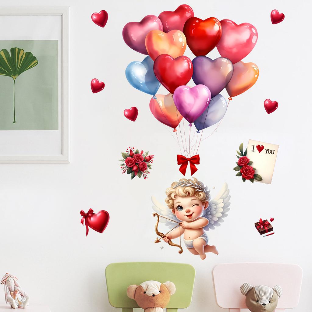Cupid Love Arrow and Balloons Wall Sticker Self-Adhesive Removable for Living Room Bedroom Valentine Home Decor