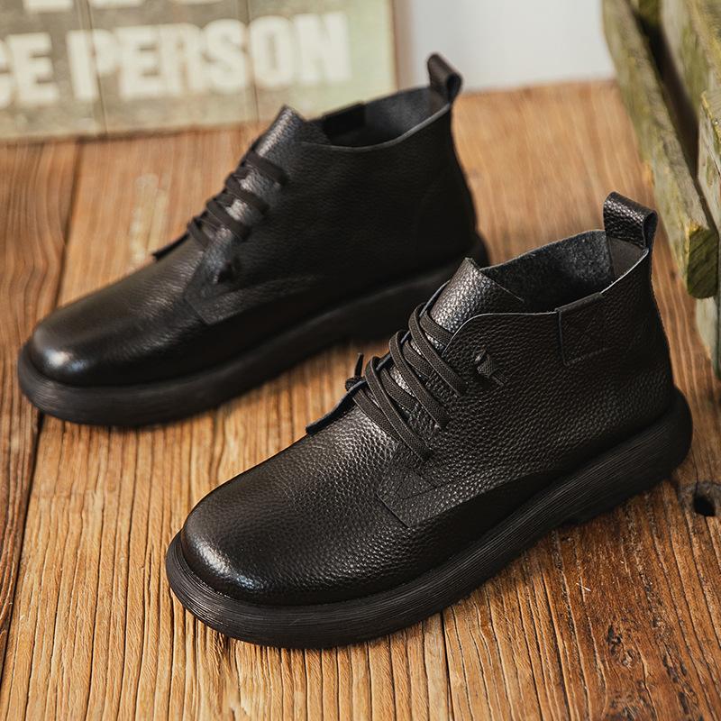 Retro Literary Leather Casual Short Boots Velvet Autumn and Winter New Martin Boots Thermal Cotton Boots Top Layer Cowhide Boots Tide