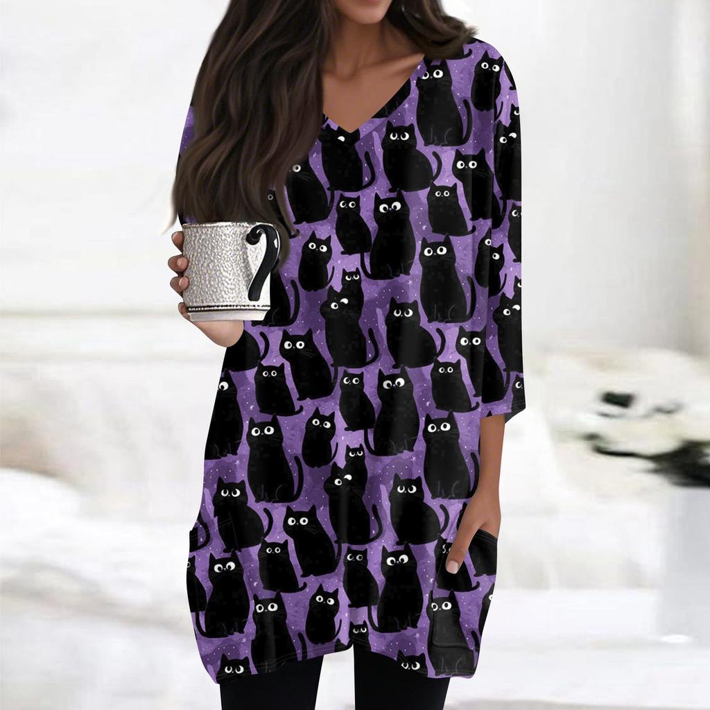 Womens's Fashion Casual Halloween Print V-neck Mid Length Pocket 3/4 Sleeve Top