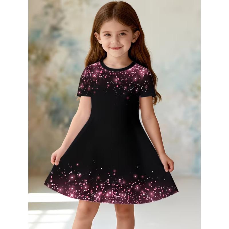 Girls Dresses Vintage Sequin Print Summer Short Sleeve Dress Children's Birthday Gift Toddler Costume Elegant Frocks
