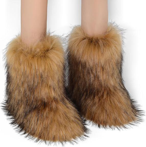 Women's winter fur faux fox fur thickened padded waterproof cozy warm lightweight hiking non-slip thick sole cushioning snow boots