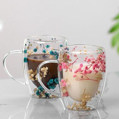 Kreative Trockenblumen Doppelwandiges Glas TasseGlas Teetassen Espressotasse Transparentes Glas Tassen Becher Resistente Tasse Geschenk Großhandel