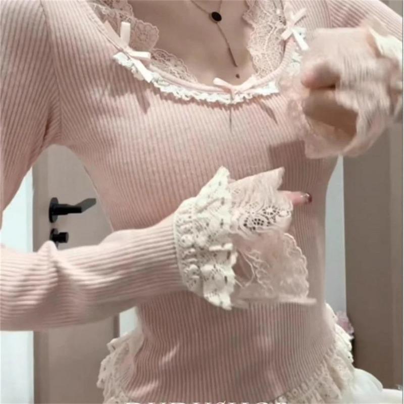 Japanese Sweet Bow Lace Patchwork Slim Tees Long Sleeve Solid All-match Korean Tshirts Spring Autumn Fashion Women Clothing