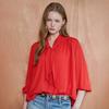 Tie Neck Shirring Draped Blouse  Red Gray  Zf04qb607nh
