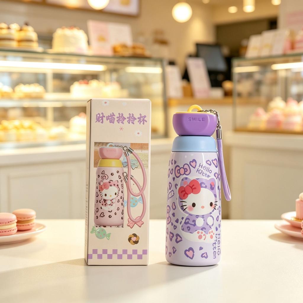 New cartoon cat children's water cup 111 stainless steel vacuum thermos cup with lifting rope household portable straw cup