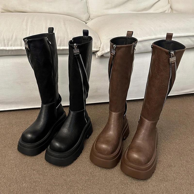 Winter Platform Thick Bottom Woman Knee High Boot Fashion Side Zippers Shoes British Style Ladies Knight Long Booties
