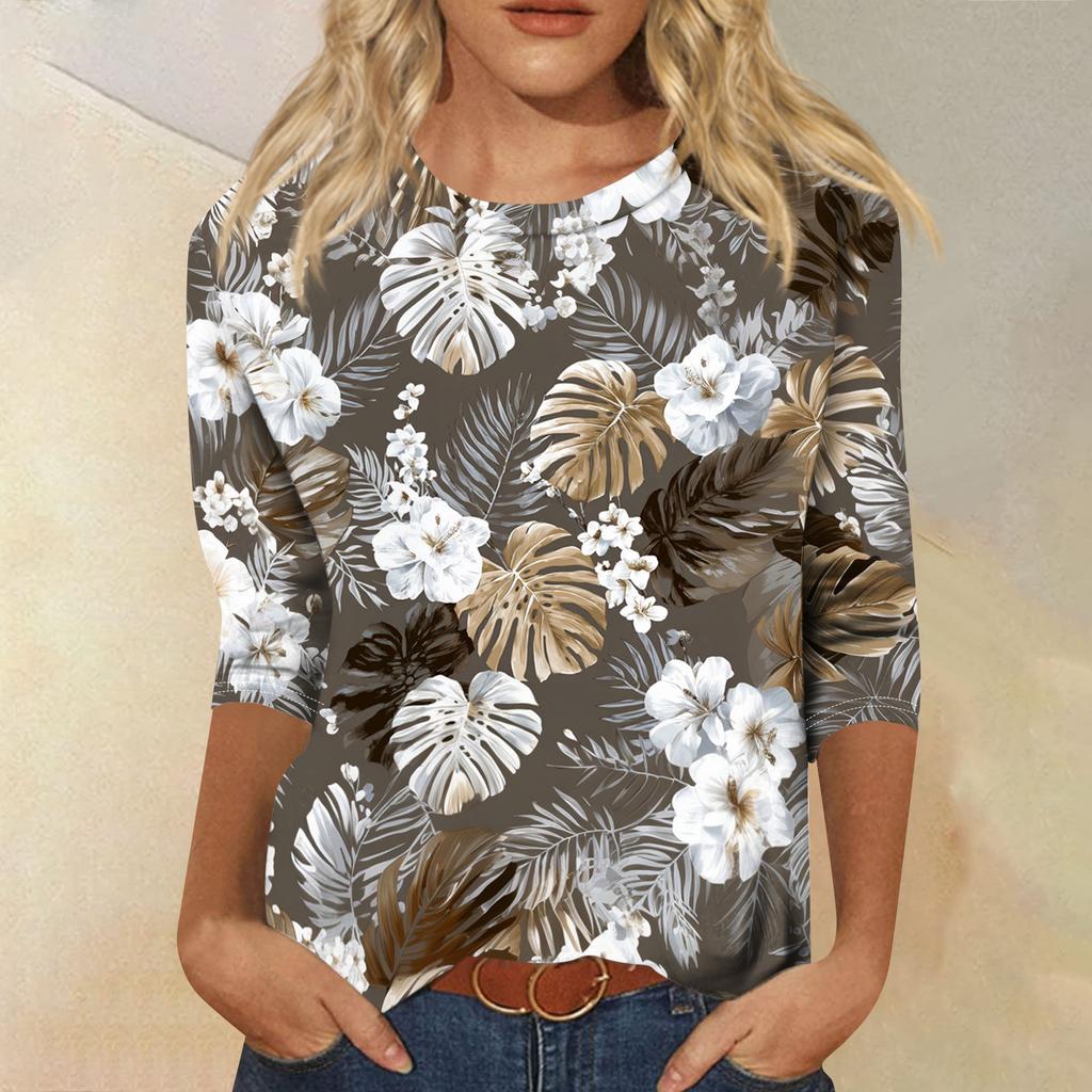 Módní vintage top s 3/4 rukávem pro ženy, dámská ležérní halenka s tříčtvrtečním rukávem a kulatým výstřihem s potiskem