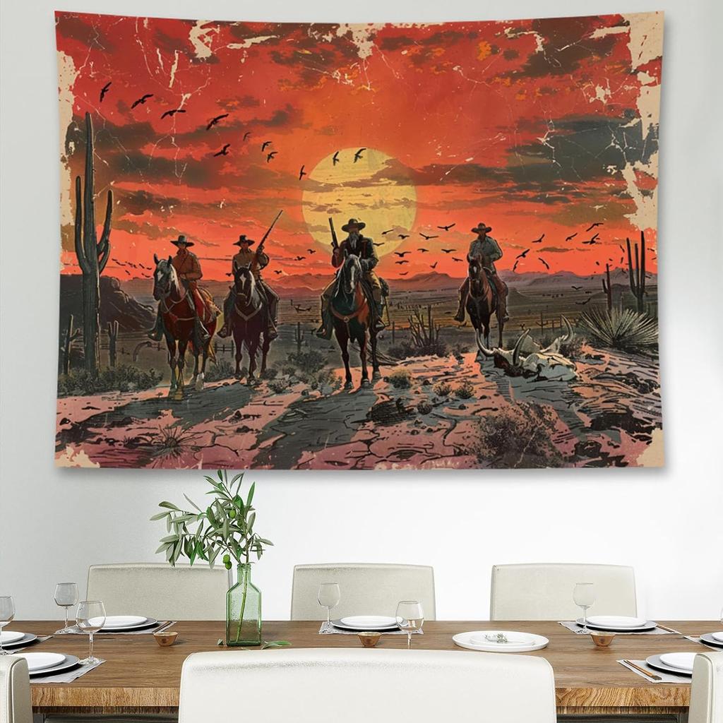 Large Polyester Tapestry Western Wild West Cowboy Sunset Men On Horseback Rustic Vintage Bohemian Decor Wall Hanging Art
