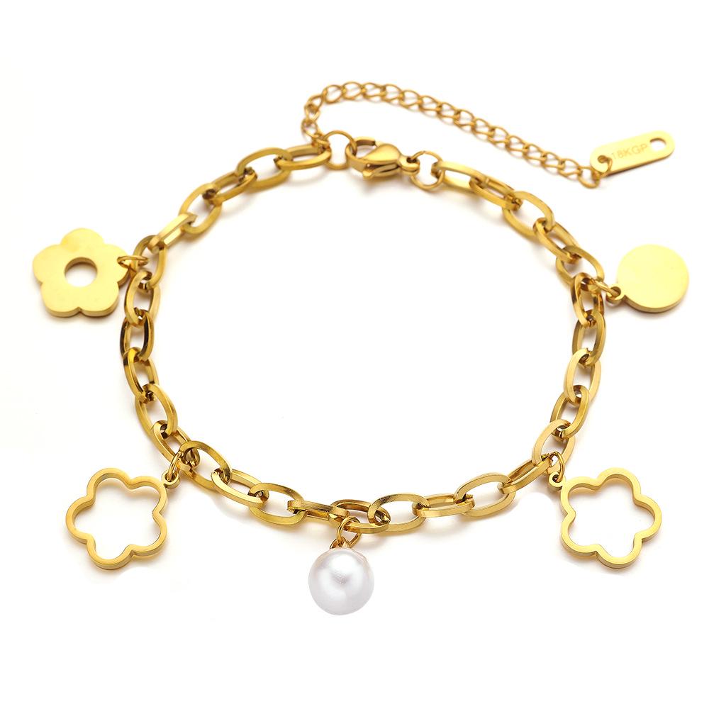 European INS Style Stainless Steel Hollow Bracelet with Retro Pearl and Five-Petal Flower Pendant for Women