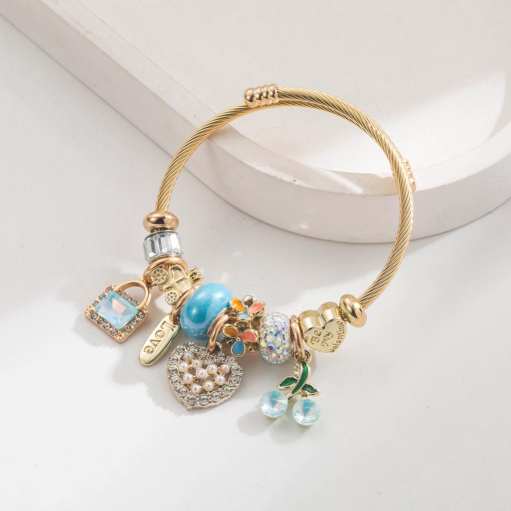 Jewelry Fashionable Golden Stainless Steel Bracelet Women Featuring Minimalist Beaded Design Heart-and-Cherry Zircon